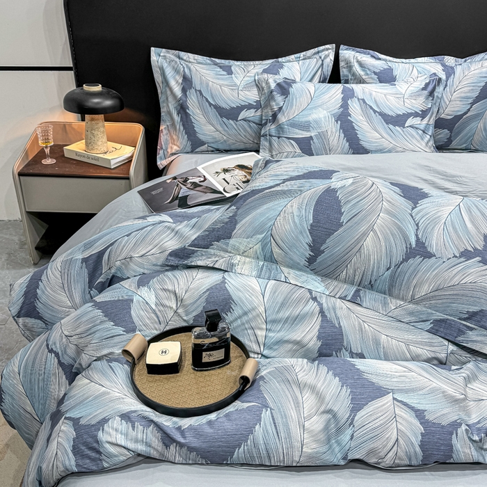 91家纺网 家纺一手货源 找家纺 红日子纺织品 2025新款50s全棉纯棉印花四件套 羽蓝