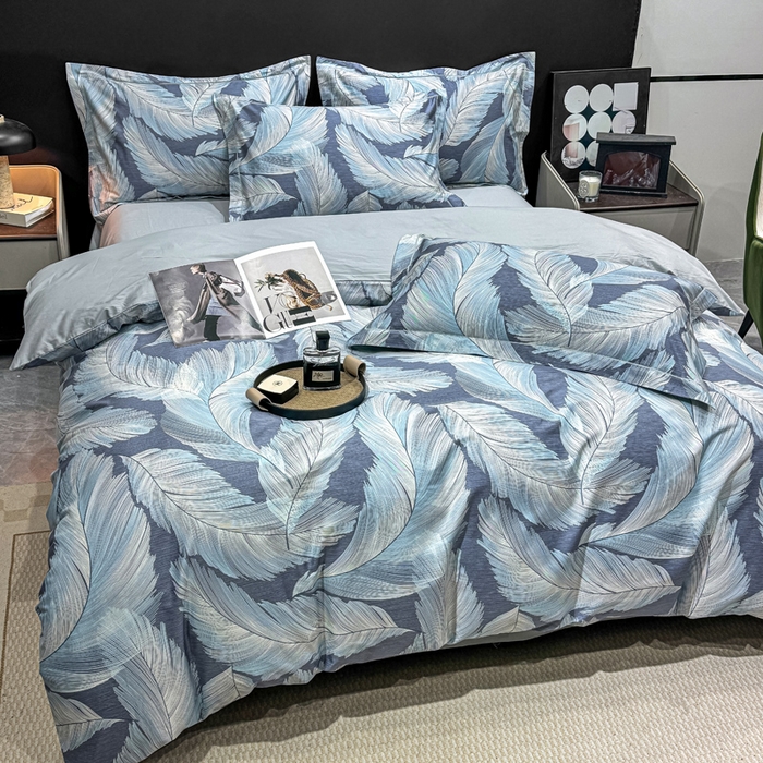 91家纺网 家纺一手货源 找家纺 红日子纺织品 2025新款50s全棉纯棉印花四件套 羽蓝