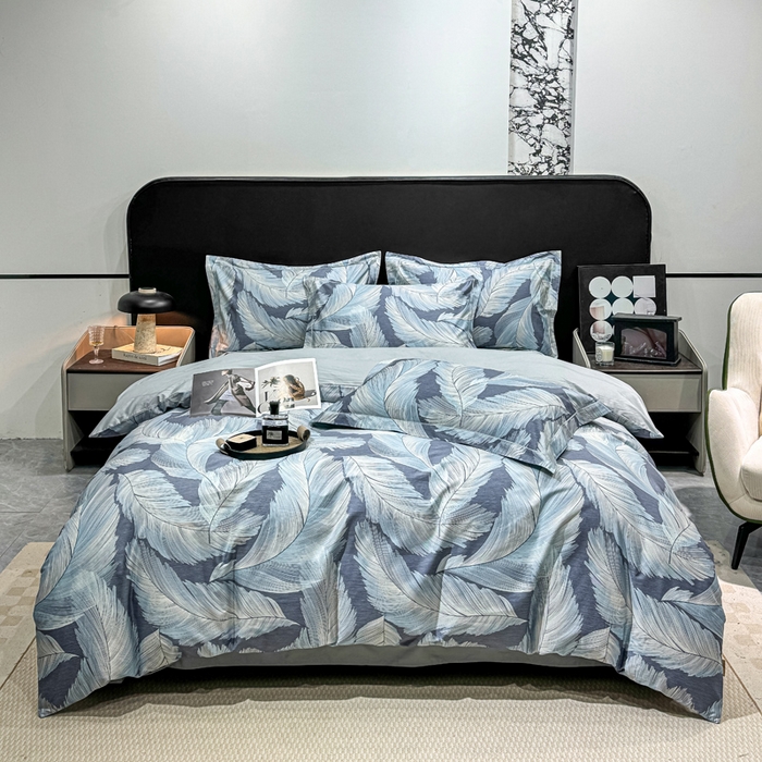 91家纺网 家纺一手货源 找家纺 红日子纺织品 2025新款50s全棉纯棉印花四件套 羽蓝