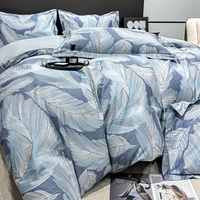 91家纺网 家纺一手货源 找家纺 红日子纺织品 2025新款50s全棉纯棉印花四件套 羽蓝