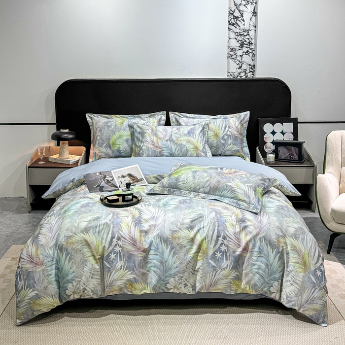 91家纺网 家纺一手货源 找家纺 红日子纺织品 2025新款50s全棉纯棉印花四件套 羽叶-绿