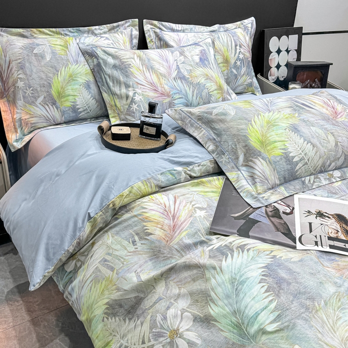 91家纺网 家纺一手货源 找家纺 红日子纺织品 2025新款50s全棉纯棉印花四件套 羽叶-绿