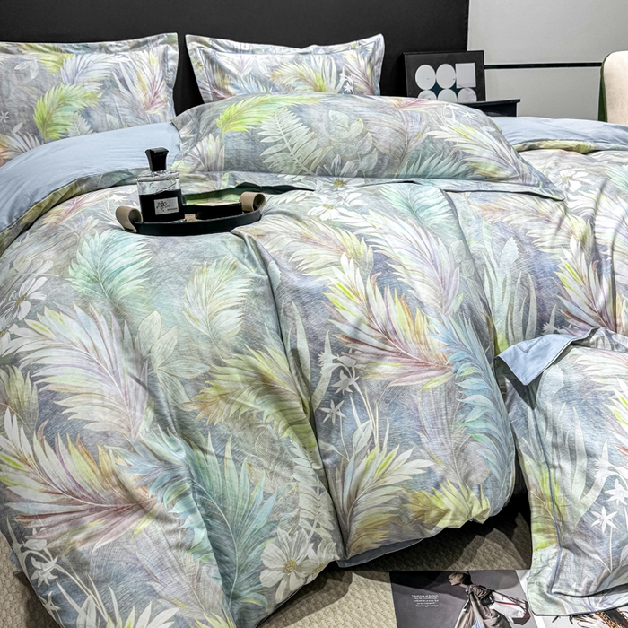 91家纺网 家纺一手货源 找家纺 红日子纺织品 2025新款50s全棉纯棉印花四件套 羽叶-绿