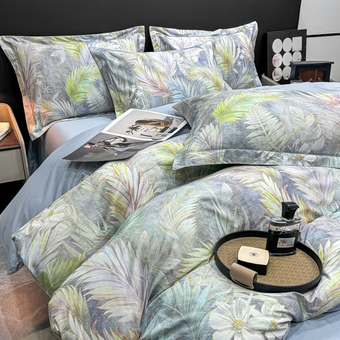 91家纺网 家纺一手货源 找家纺 红日子纺织品 2025新款50s全棉纯棉印花四件套 羽叶-绿