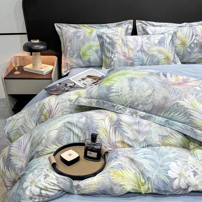 91家纺网 家纺一手货源 找家纺 红日子纺织品 2025新款50s全棉纯棉印花四件套 羽叶-绿