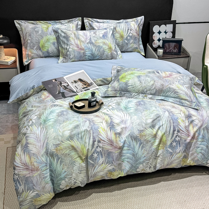 91家纺网 家纺一手货源 找家纺 红日子纺织品 2025新款50s全棉纯棉印花四件套 羽叶-绿