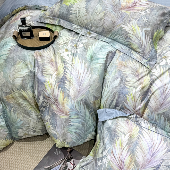 91家纺网 家纺一手货源 找家纺 红日子纺织品 2025新款50s全棉纯棉印花四件套 羽叶-绿