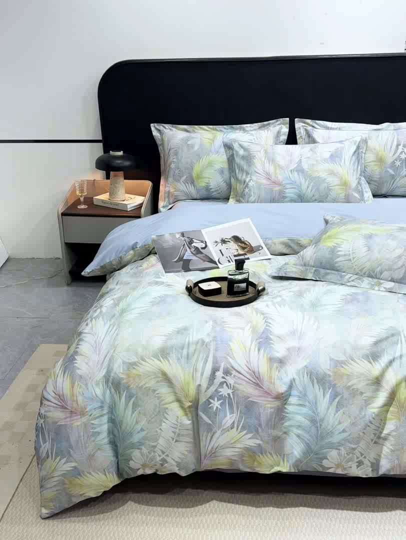 91家纺网 家纺一手货源 找家纺 红日子纺织品 2025新款50s全棉纯棉印花四件套 羽叶-绿