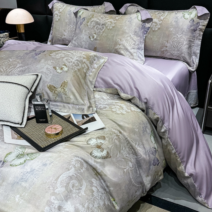 91家纺网 家纺一手货源 找家纺 红日子纺织品 2025新款亲肤舒适莱赛尔天丝四件套 蝶舞-灰