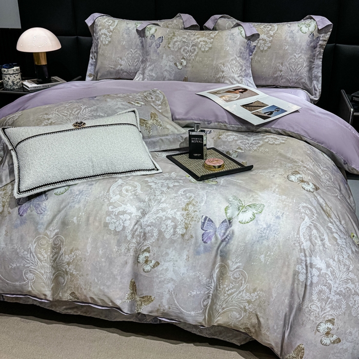 91家纺网 家纺一手货源 找家纺 红日子纺织品 2025新款亲肤舒适莱赛尔天丝四件套 蝶舞-灰