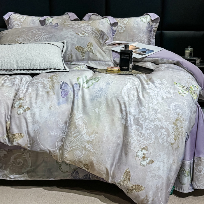 91家纺网 家纺一手货源 找家纺 红日子纺织品 2025新款亲肤舒适莱赛尔天丝四件套 蝶舞-灰