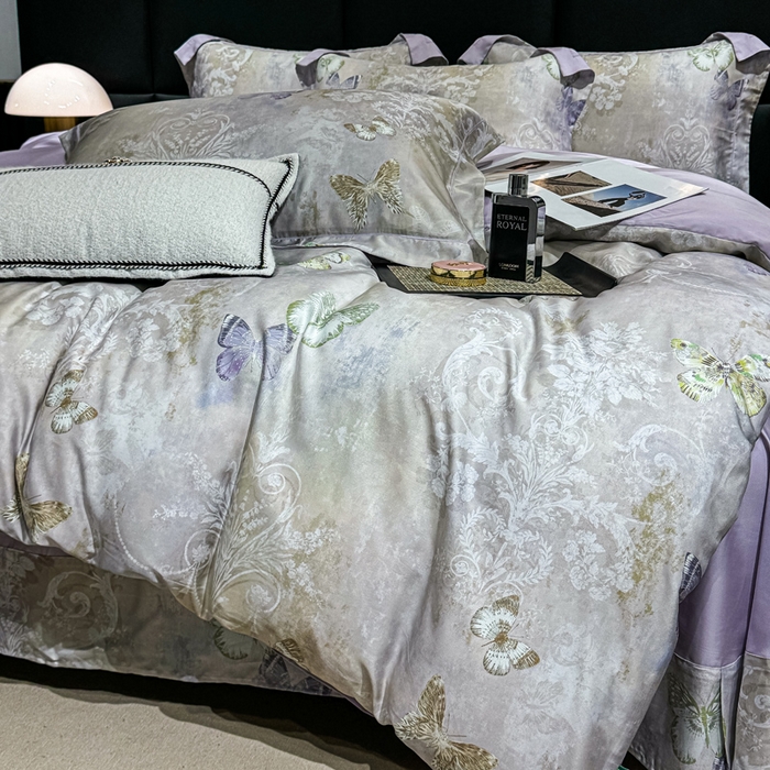 91家纺网 家纺一手货源 找家纺 红日子纺织品 2025新款亲肤舒适莱赛尔天丝四件套 蝶舞-灰