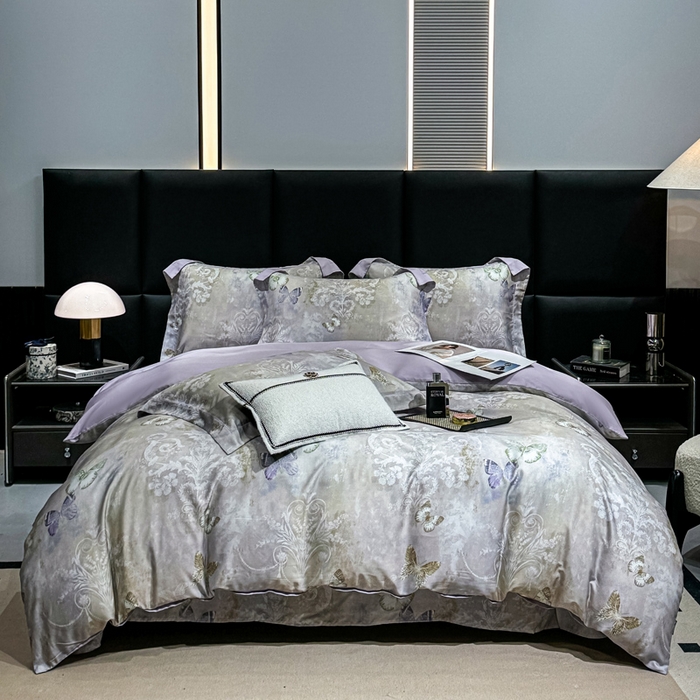 91家纺网 家纺一手货源 找家纺 红日子纺织品 2025新款亲肤舒适莱赛尔天丝四件套 蝶舞-灰