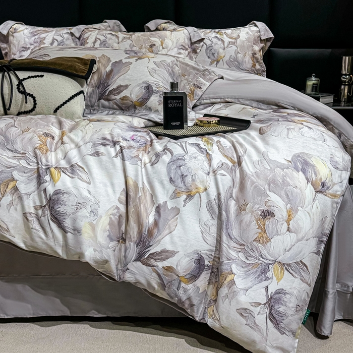 91家纺网 家纺一手货源 找家纺 红日子纺织品 2025新款亲肤舒适莱赛尔天丝四件套 拂花掠影-灰