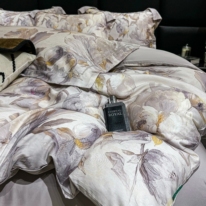 91家纺网 家纺一手货源 找家纺 红日子纺织品 2025新款亲肤舒适莱赛尔天丝四件套 拂花掠影-灰