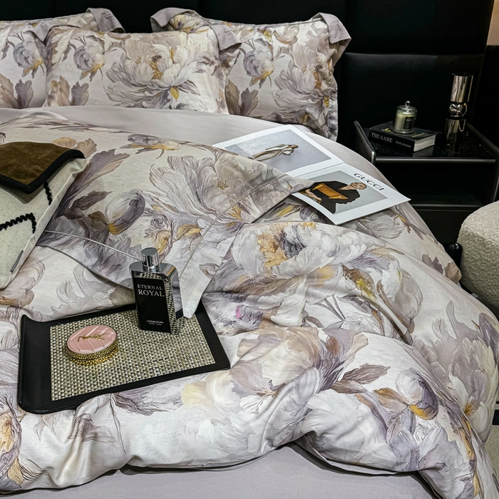 91家纺网 家纺一手货源 找家纺 红日子纺织品 2025新款亲肤舒适莱赛尔天丝四件套 拂花掠影-灰