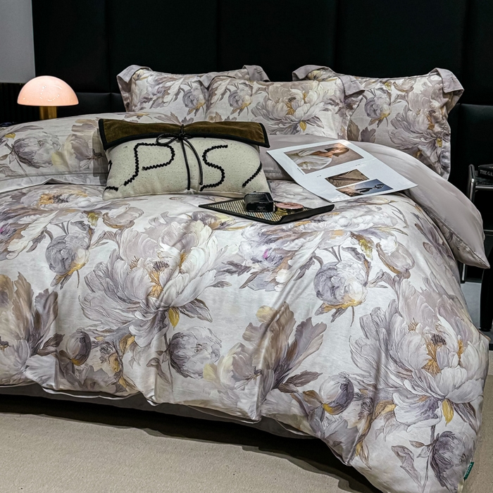 91家纺网 家纺一手货源 找家纺 红日子纺织品 2025新款亲肤舒适莱赛尔天丝四件套 拂花掠影-灰