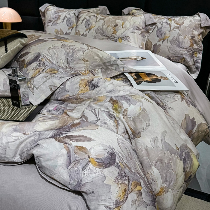 91家纺网 家纺一手货源 找家纺 红日子纺织品 2025新款亲肤舒适莱赛尔天丝四件套 拂花掠影-灰