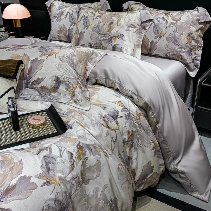 91家纺网 家纺一手货源 找家纺 红日子纺织品 2025新款亲肤舒适莱赛尔天丝四件套 拂花掠影-灰