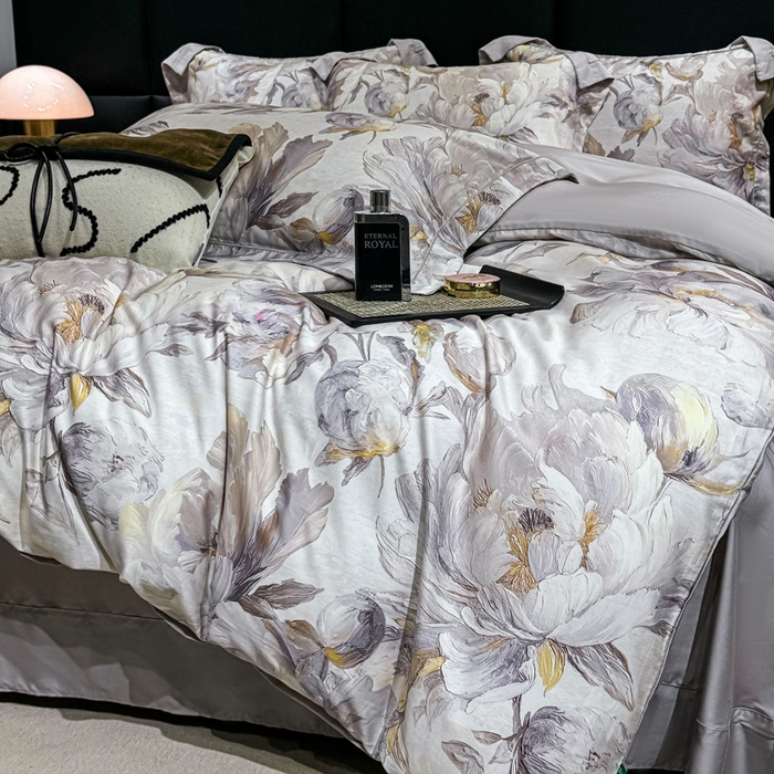 91家纺网 家纺一手货源 找家纺 红日子纺织品 2025新款亲肤舒适莱赛尔天丝四件套 拂花掠影-灰