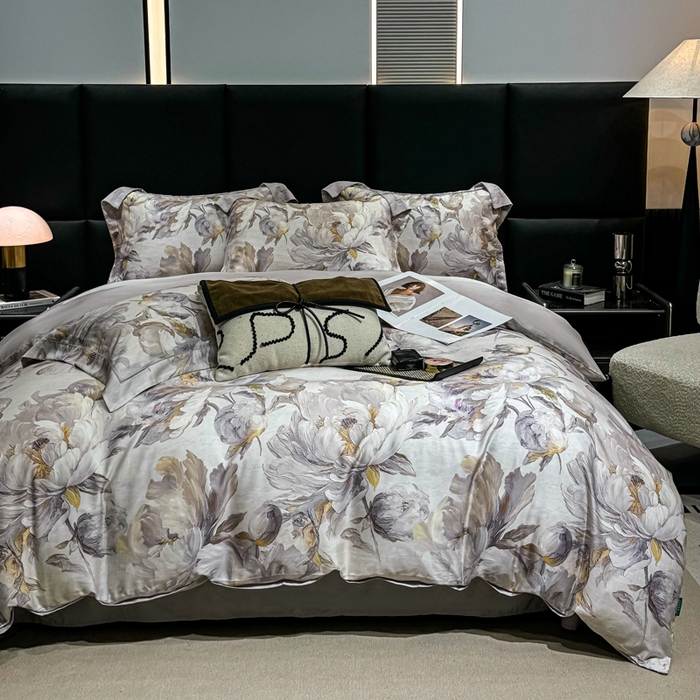 91家纺网 家纺一手货源 找家纺 红日子纺织品 2025新款亲肤舒适莱赛尔天丝四件套 拂花掠影-灰