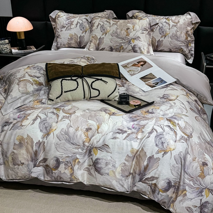 91家纺网 家纺一手货源 找家纺 红日子纺织品 2025新款亲肤舒适莱赛尔天丝四件套 拂花掠影-灰