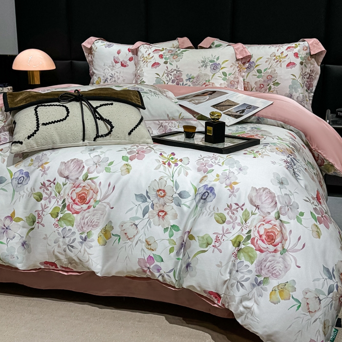 91家纺网 家纺一手货源 找家纺 红日子纺织品 2025新款亲肤舒适莱赛尔天丝四件套 花朝花慕-红