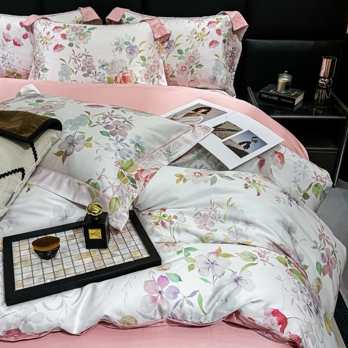 91家纺网 家纺一手货源 找家纺 红日子纺织品 2025新款亲肤舒适莱赛尔天丝四件套 花朝花慕-红