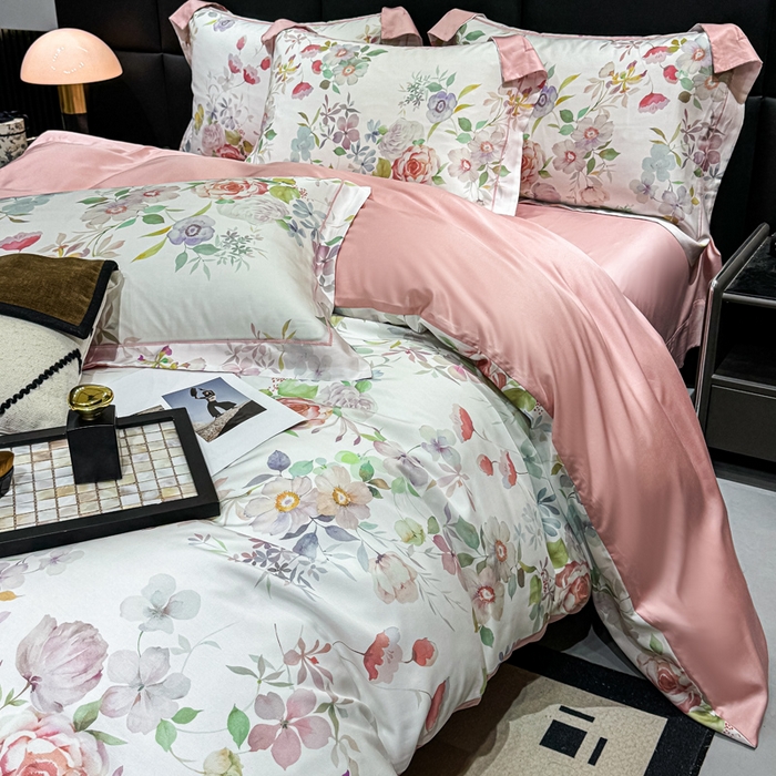 91家纺网 家纺一手货源 找家纺 红日子纺织品 2025新款亲肤舒适莱赛尔天丝四件套 花朝花慕-红