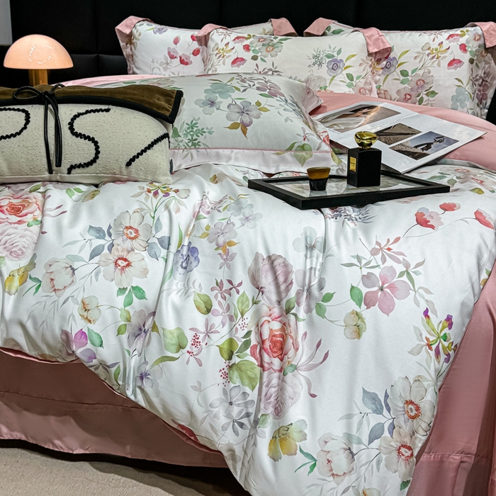 91家纺网 家纺一手货源 找家纺 红日子纺织品 2025新款亲肤舒适莱赛尔天丝四件套 花朝花慕-红