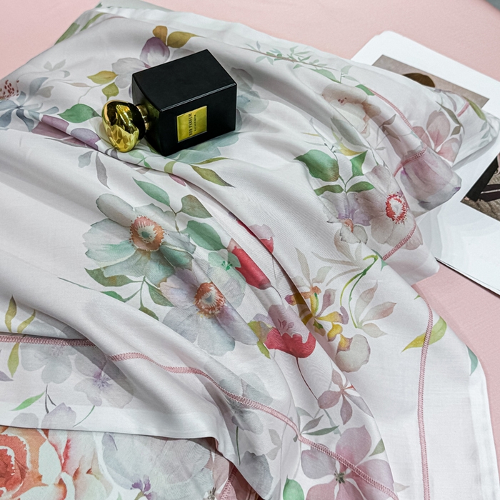 91家纺网 家纺一手货源 找家纺 红日子纺织品 2025新款亲肤舒适莱赛尔天丝四件套 花朝花慕-红
