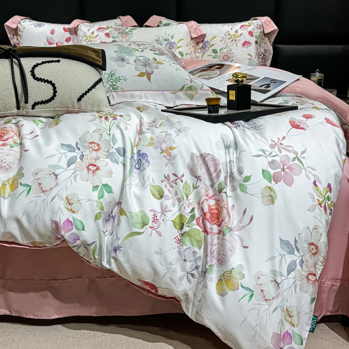 91家纺网 家纺一手货源 找家纺 红日子纺织品 2025新款亲肤舒适莱赛尔天丝四件套 花朝花慕-红