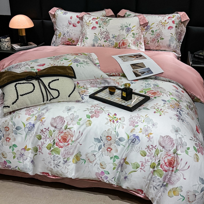 91家纺网 家纺一手货源 找家纺 红日子纺织品 2025新款亲肤舒适莱赛尔天丝四件套 花朝花慕-红