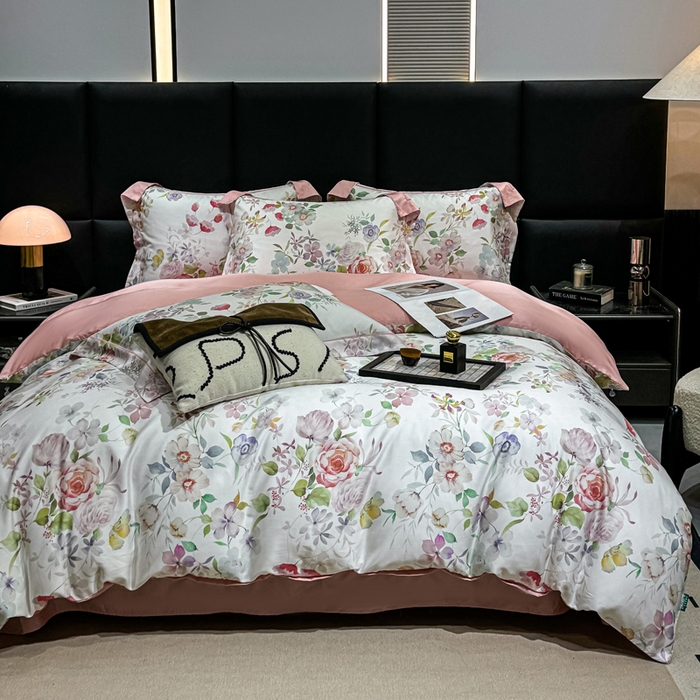 91家纺网 家纺一手货源 找家纺 红日子纺织品 2025新款亲肤舒适莱赛尔天丝四件套 花朝花慕-红