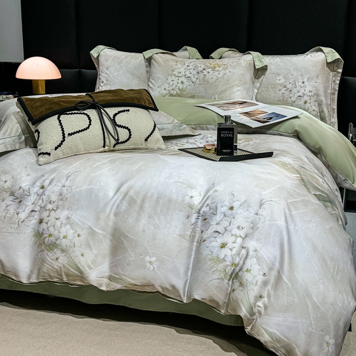 91家纺网 家纺一手货源 找家纺 红日子纺织品 2025新款亲肤舒适莱赛尔天丝四件套 江南烟雨-灰