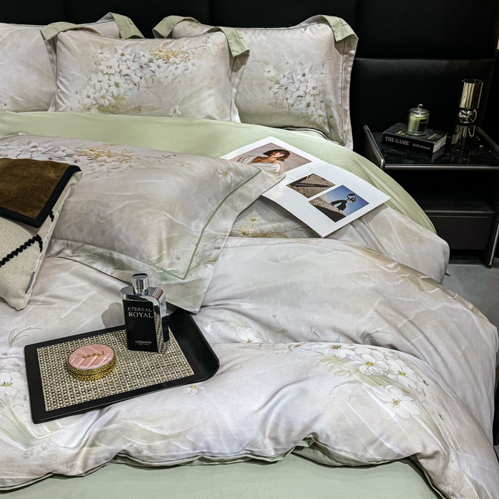 91家纺网 家纺一手货源 找家纺 红日子纺织品 2025新款亲肤舒适莱赛尔天丝四件套 江南烟雨-灰