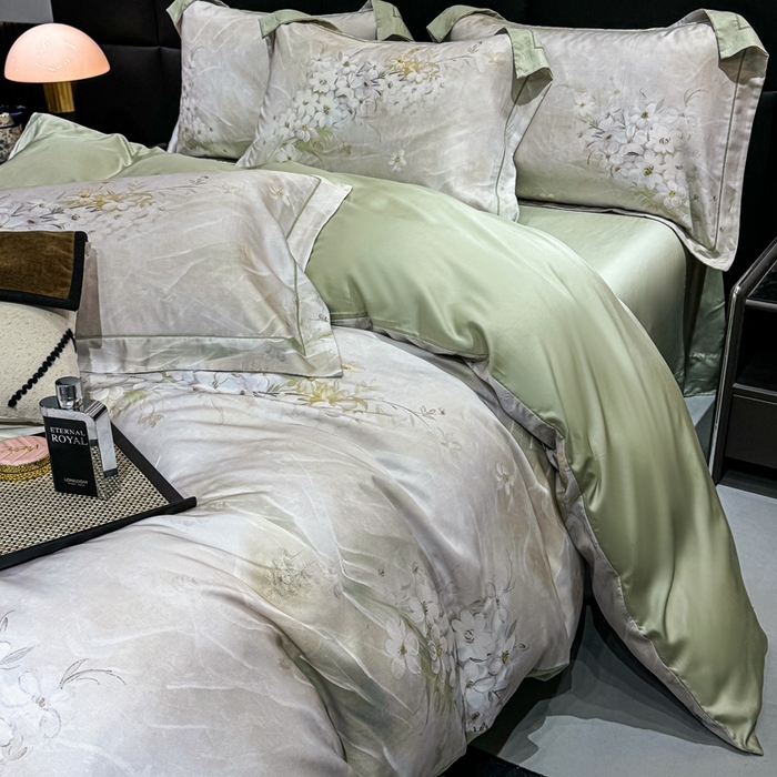 91家纺网 家纺一手货源 找家纺 红日子纺织品 2025新款亲肤舒适莱赛尔天丝四件套 江南烟雨-灰