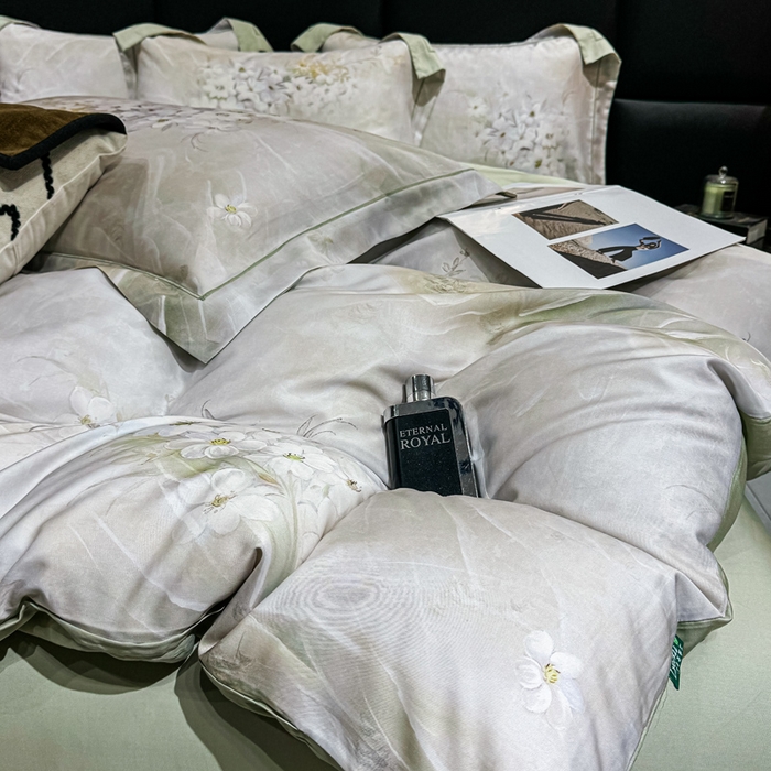 91家纺网 家纺一手货源 找家纺 红日子纺织品 2025新款亲肤舒适莱赛尔天丝四件套 江南烟雨-灰