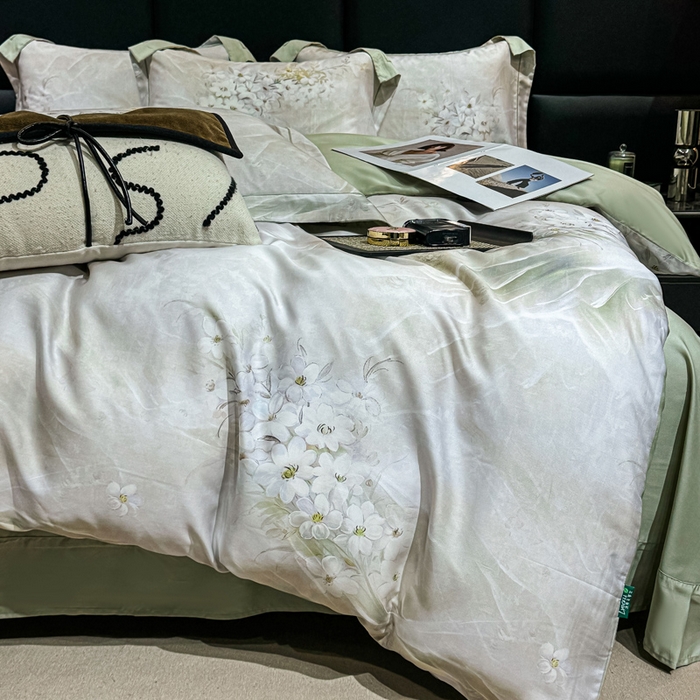 91家纺网 家纺一手货源 找家纺 红日子纺织品 2025新款亲肤舒适莱赛尔天丝四件套 江南烟雨-灰