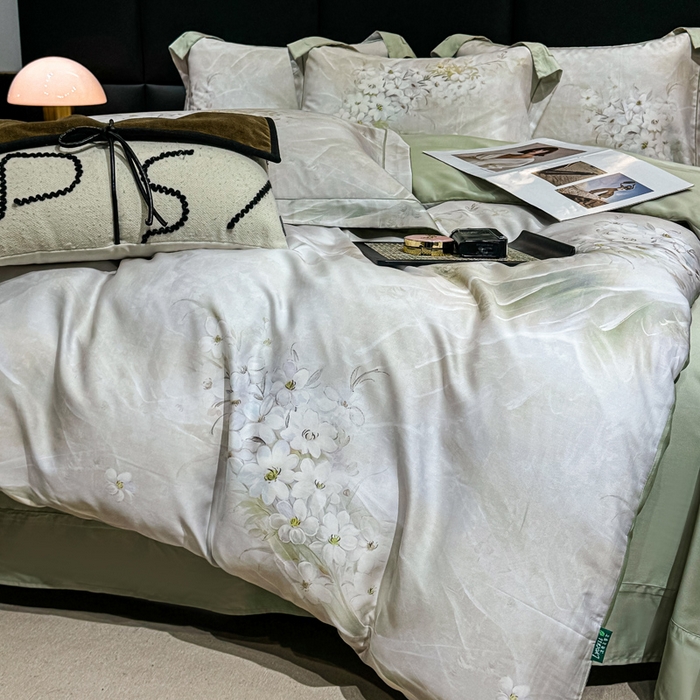 91家纺网 家纺一手货源 找家纺 红日子纺织品 2025新款亲肤舒适莱赛尔天丝四件套 江南烟雨-灰