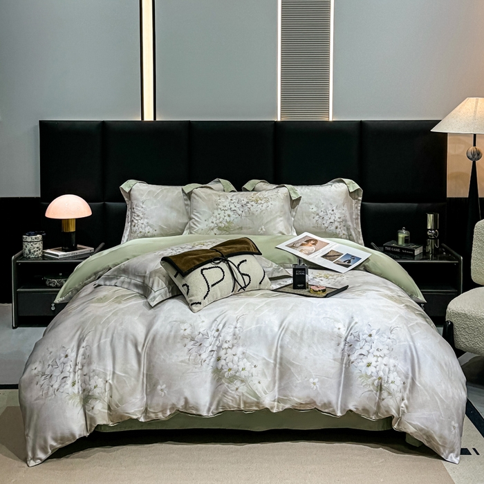 91家纺网 家纺一手货源 找家纺 红日子纺织品 2025新款亲肤舒适莱赛尔天丝四件套 江南烟雨-灰