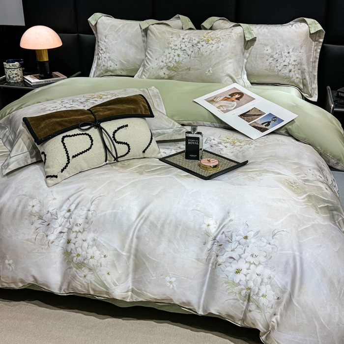 91家纺网 家纺一手货源 找家纺 红日子纺织品 2025新款亲肤舒适莱赛尔天丝四件套 江南烟雨-灰