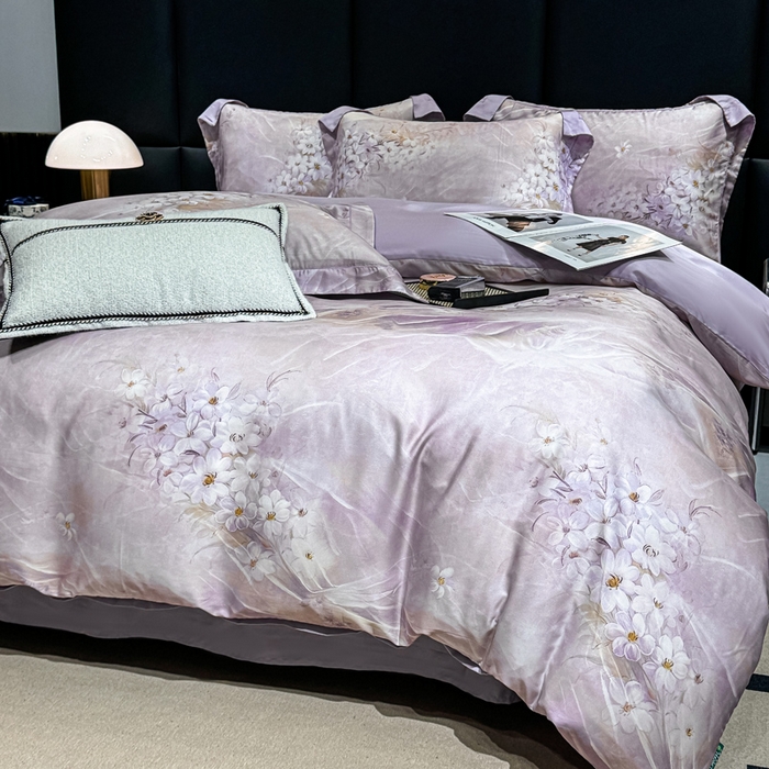 91家纺网 家纺一手货源 找家纺 红日子纺织品 2025新款亲肤舒适莱赛尔天丝四件套 江南烟雨-紫