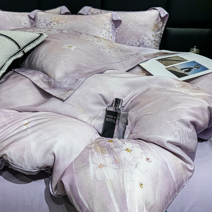 91家纺网 家纺一手货源 找家纺 红日子纺织品 2025新款亲肤舒适莱赛尔天丝四件套 江南烟雨-紫