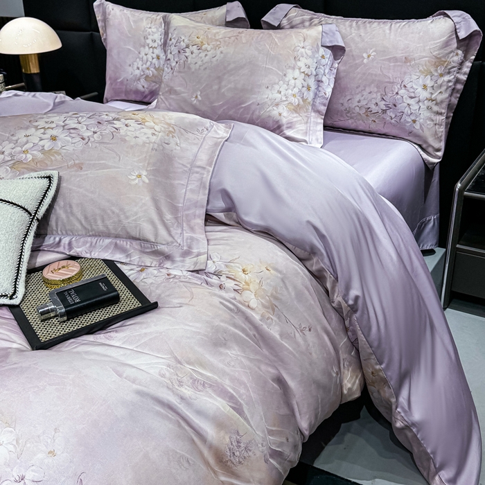 91家纺网 家纺一手货源 找家纺 红日子纺织品 2025新款亲肤舒适莱赛尔天丝四件套 江南烟雨-紫