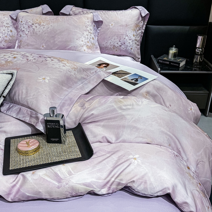 91家纺网 家纺一手货源 找家纺 红日子纺织品 2025新款亲肤舒适莱赛尔天丝四件套 江南烟雨-紫