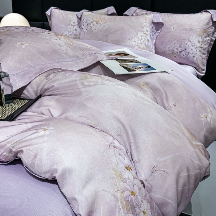 91家纺网 家纺一手货源 找家纺 红日子纺织品 2025新款亲肤舒适莱赛尔天丝四件套 江南烟雨-紫