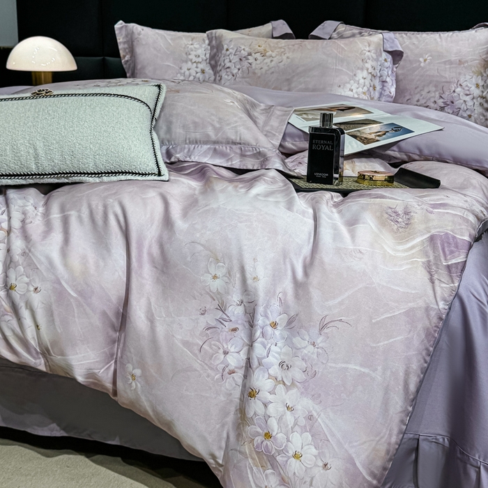 91家纺网 家纺一手货源 找家纺 红日子纺织品 2025新款亲肤舒适莱赛尔天丝四件套 江南烟雨-紫