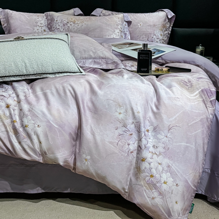 91家纺网 家纺一手货源 找家纺 红日子纺织品 2025新款亲肤舒适莱赛尔天丝四件套 江南烟雨-紫