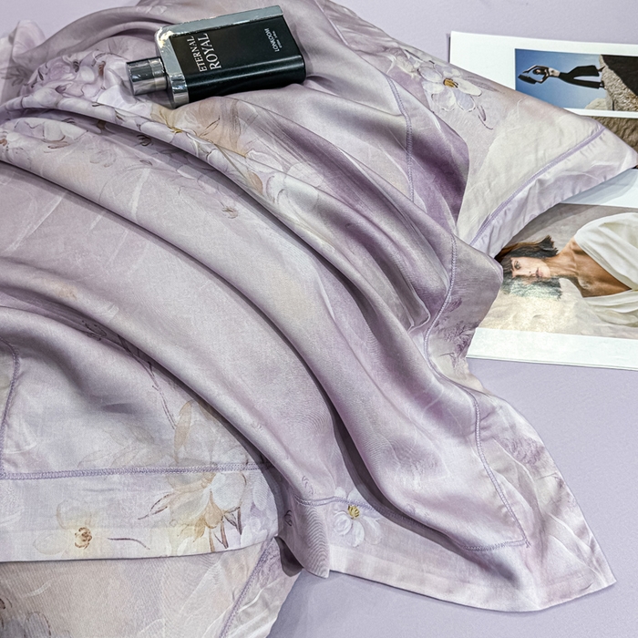 91家纺网 家纺一手货源 找家纺 红日子纺织品 2025新款亲肤舒适莱赛尔天丝四件套 江南烟雨-紫